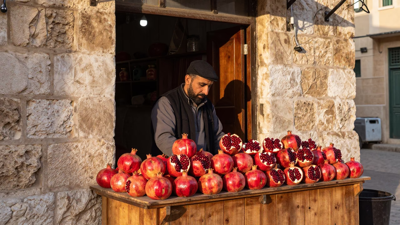 First Light Morning Street Scene in Amman Jordan with Traditional Pomegranate Seller in in Amman, Jordan