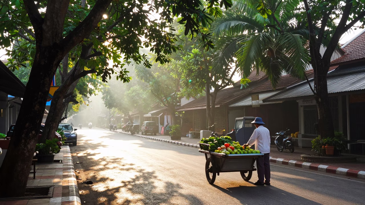 First Light Morning Street Scene in Bangkok Thailand with Traditional Elements in in Bangkok, Thailand