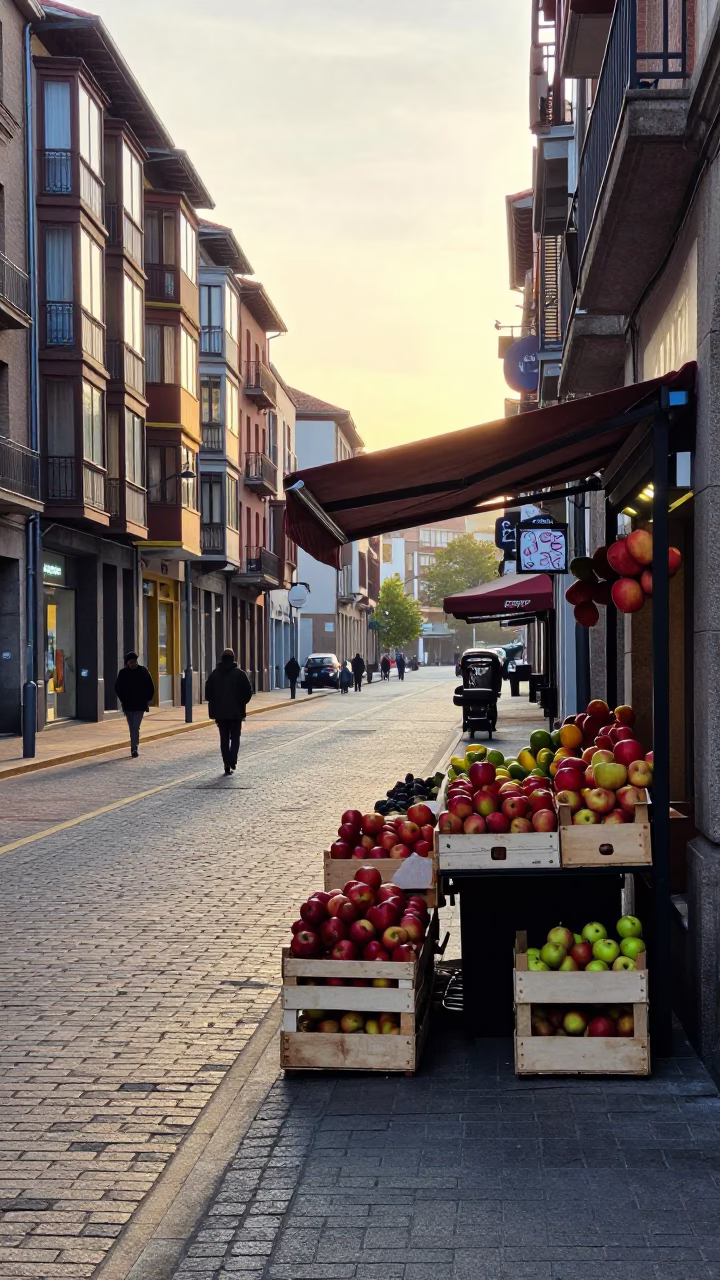 First Light Morning Street Scene in Bilbao Spain with Local Commerce in in Bilbao, Spain