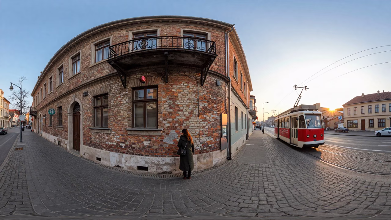 First Light Morning Street Scene in Budapest Hungary with Cable Car View in in Budapest, Hungary