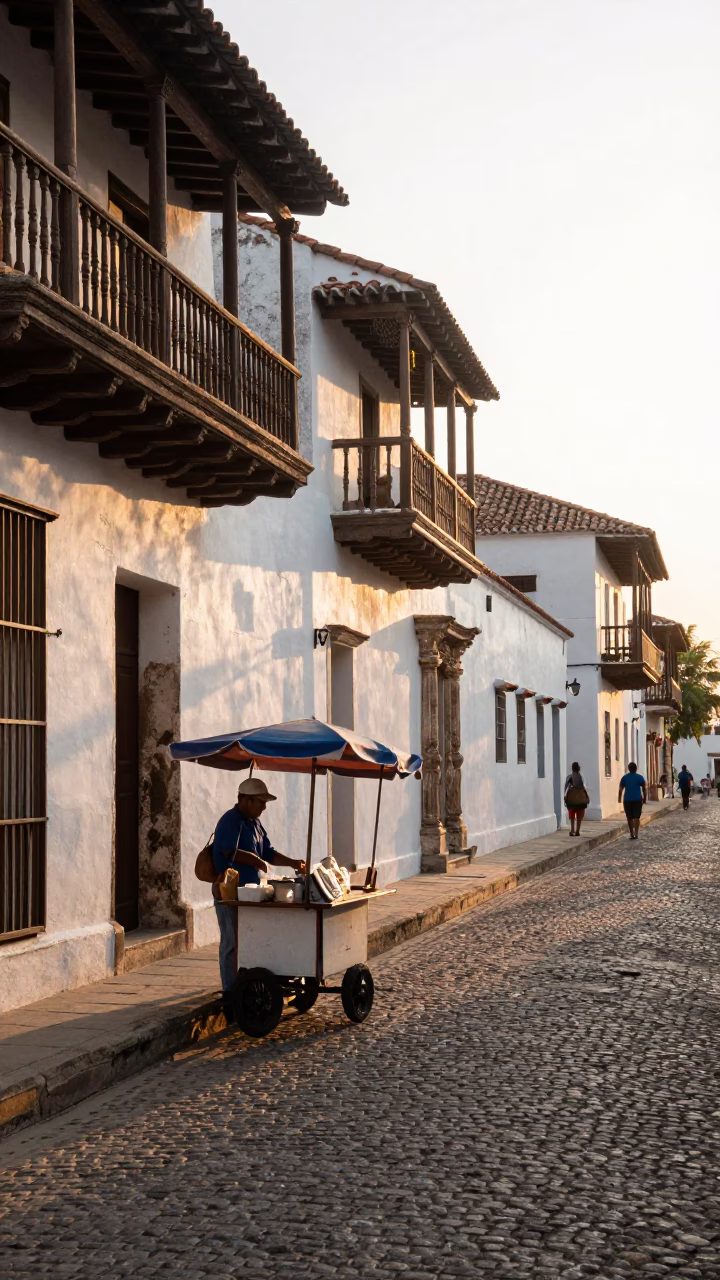 First Light Morning Street Scene in Cartagena Colombia with Local Vendor in in Cartagena, Colombia
