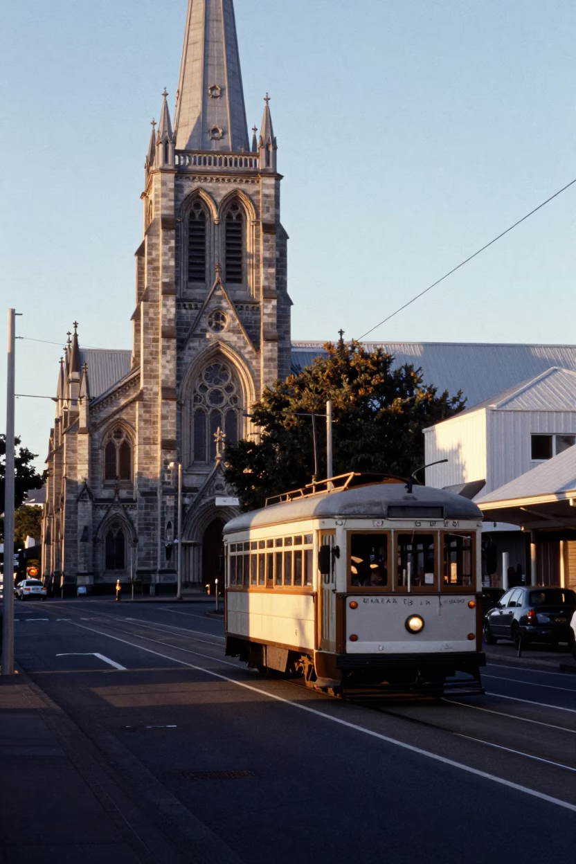 First Light Morning Street Scene in Christchurch New Zealand with Vintage Cars and Tram in in Christchurch, New Zealand