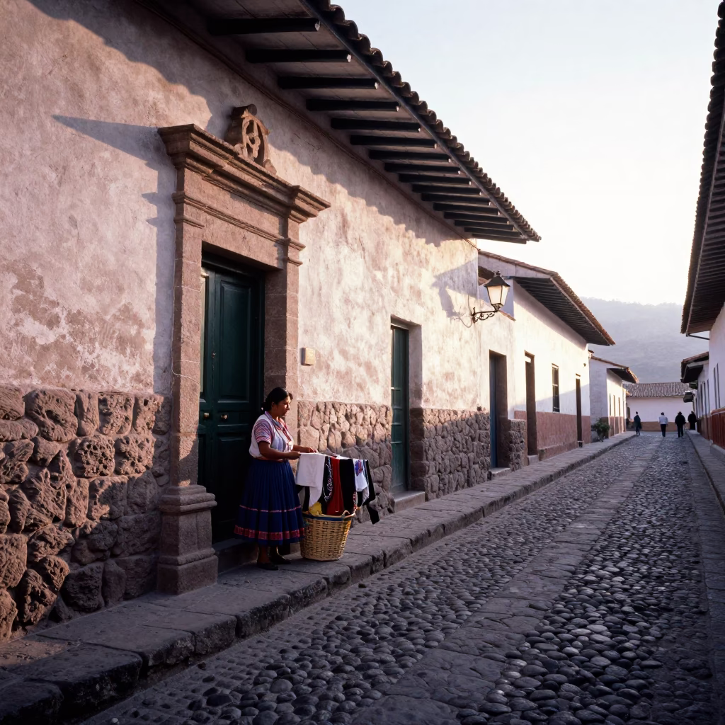 First Light Morning Street Scene in Cusco Peru With Laundry Basket and Coffee Tin in in Cusco, Peru