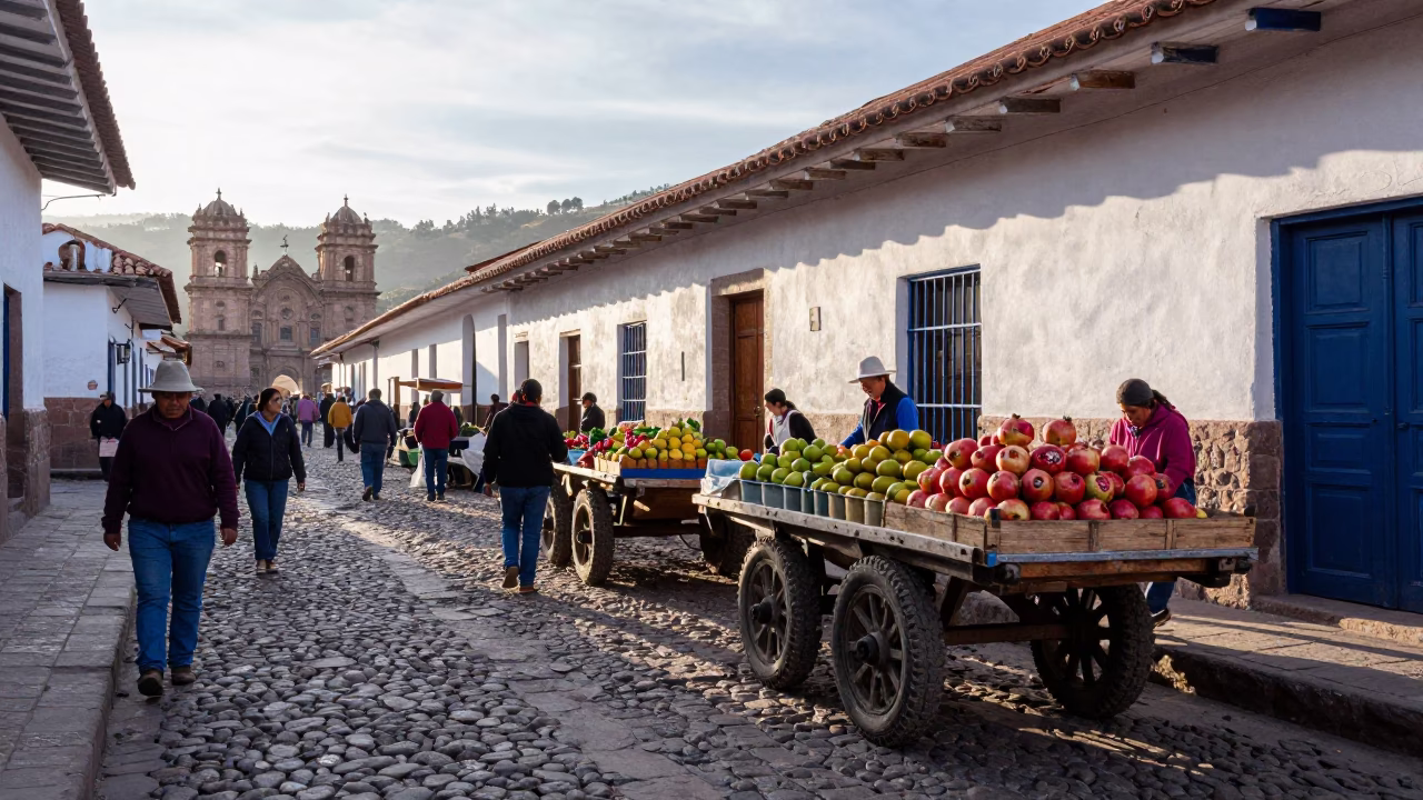 First Light Morning Street Scene in Cusco Peru with Local Market Activity in in Cusco, Peru