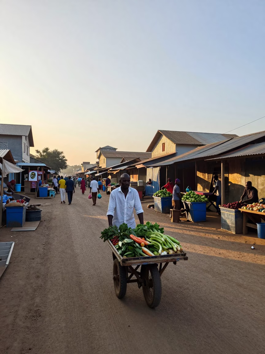 First Light Morning Street Scene in Dakar Senegal with Local Market Activity in in Dakar, Senegal