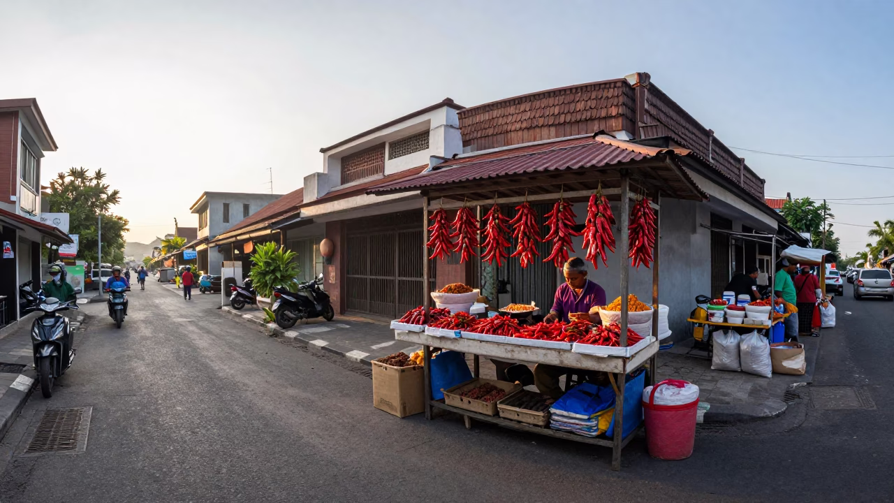 First Light Morning Street Scene in Denpasar Indonesia with Spices and Steel in in Denpasar, Indonesia