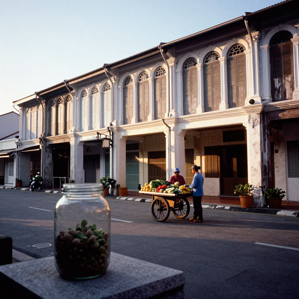 First Light Morning Street Scene in George Town Malaysia with Glass Jar and Artichokes in in George Town, Malaysia