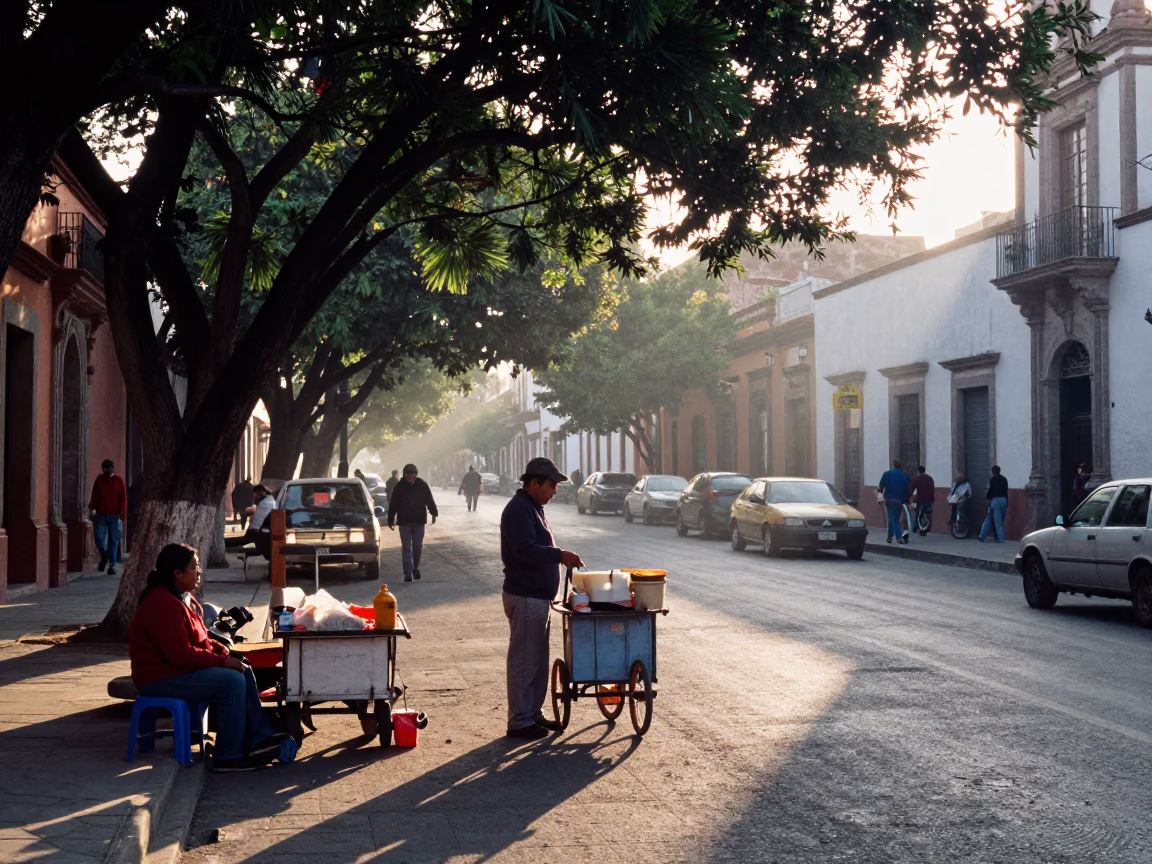 First Light Morning Street Scene in Guadalajara Mexico with Local Vendors and Vintage Cars in in Guadalajara, Mexico