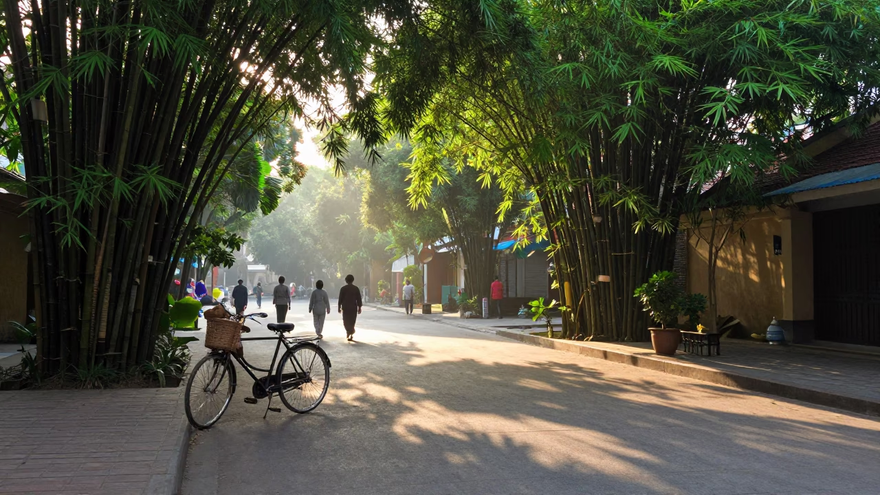 First Light Morning Street Scene in Hanoi Vietnam with Vintage Bicycle and Bamboo in in Hanoi, Vietnam