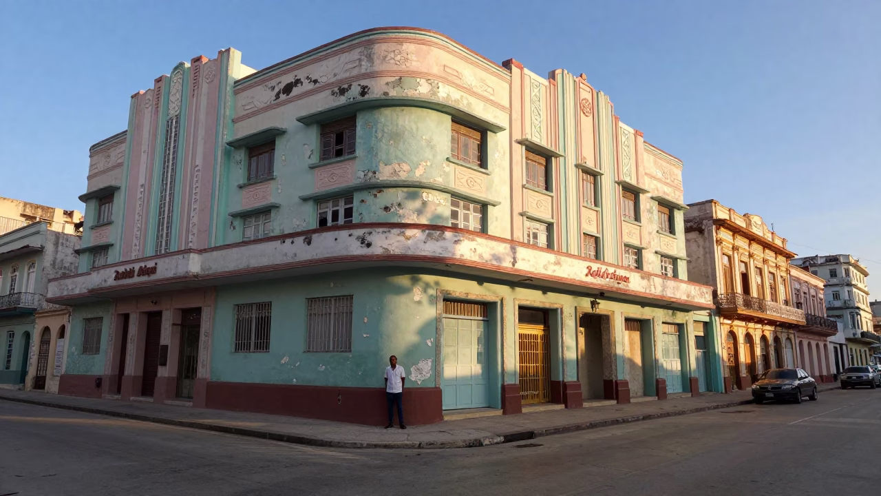First Light Morning Street Scene in Havana Cuba with Art Deco Facade in in Havana, Cuba
