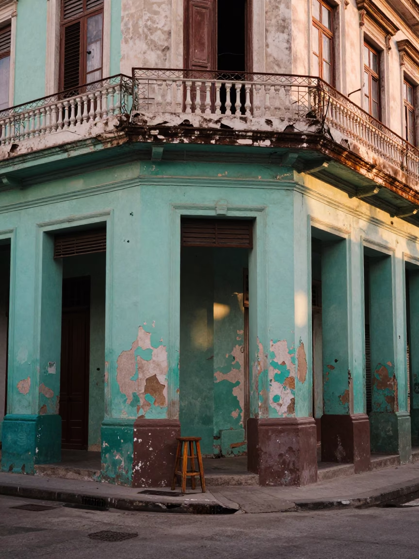 First Light Morning Street Scene in Havana Cuba with Peeling Paint and Local Activity in in Havana, Cuba