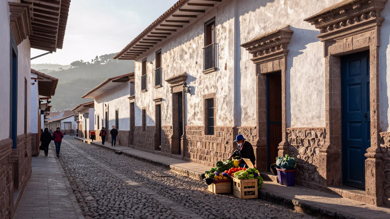 First Light Morning Street Scene in Historic Cusco Peru with Colonial Architecture in in Cusco, Peru