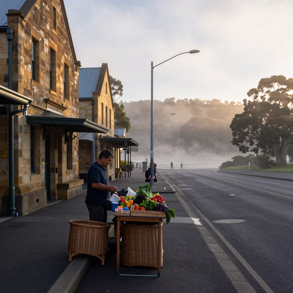 First Light Morning Street Scene in Hobart Tasmania with Vintage Wicker Basket in in Hobart, Tasmania, Australia