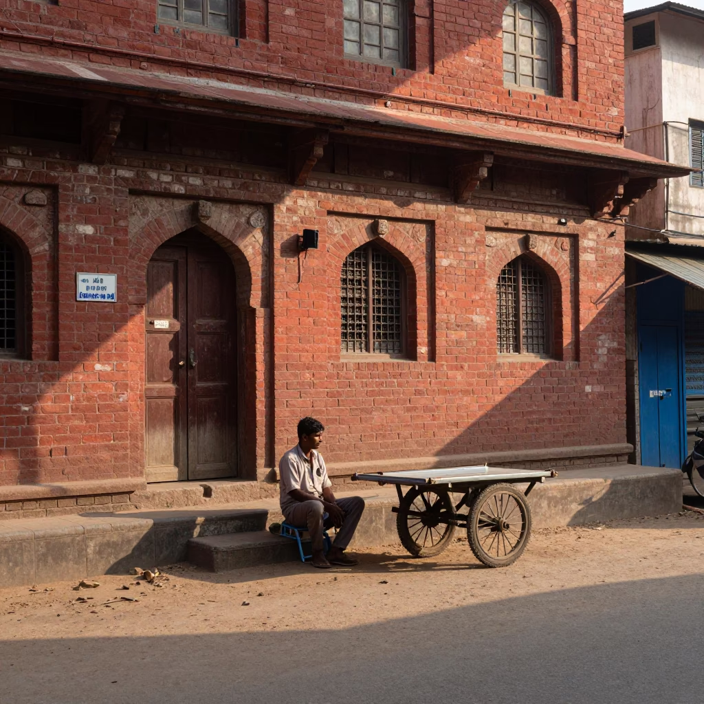 First Light Morning Street Scene in Hyderabad India with Blue Porcelain Jar in in Hyderabad, India