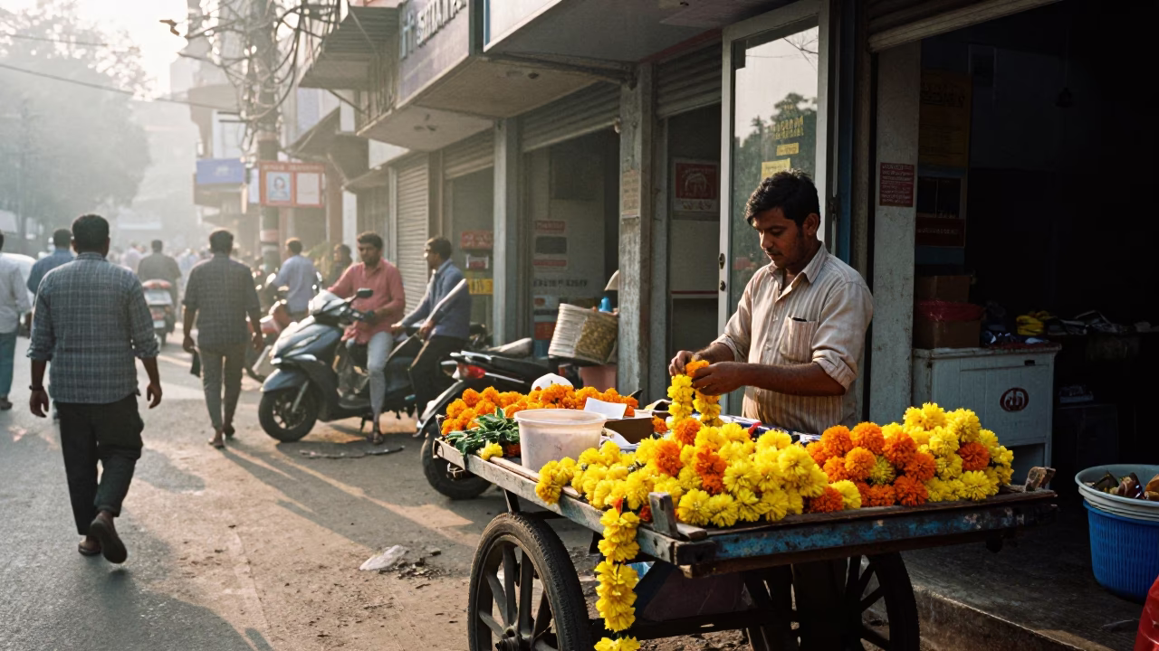 First Light Morning Street Scene in Hyderabad India with Local Vendor and Glass Doorframe in in Hyderabad, India