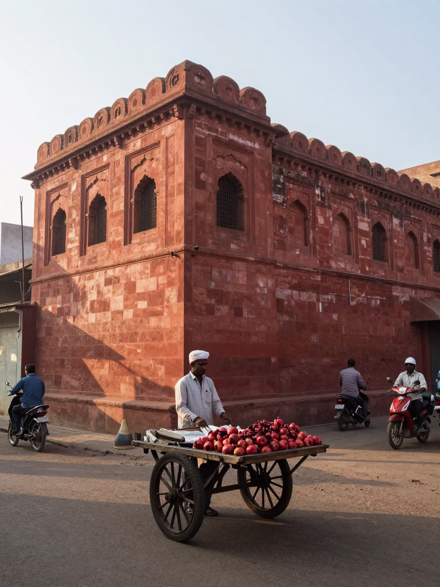 First Light Morning Street Scene in Hyderabad India with Pomegranate Vendor in in Hyderabad, India