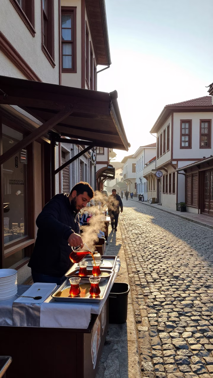 First Light Morning Street Scene in Izmir Turkey with Local Vendor and Tea in in Izmir, Turkey