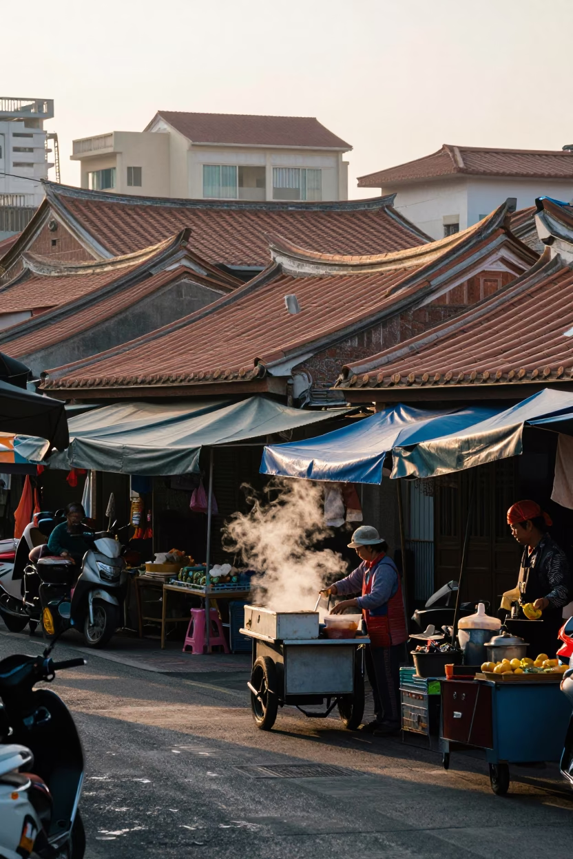 First Light Morning Street Scene in Kaohsiung Taiwan with Vendor and Local Life in in Kaohsiung, Taiwan