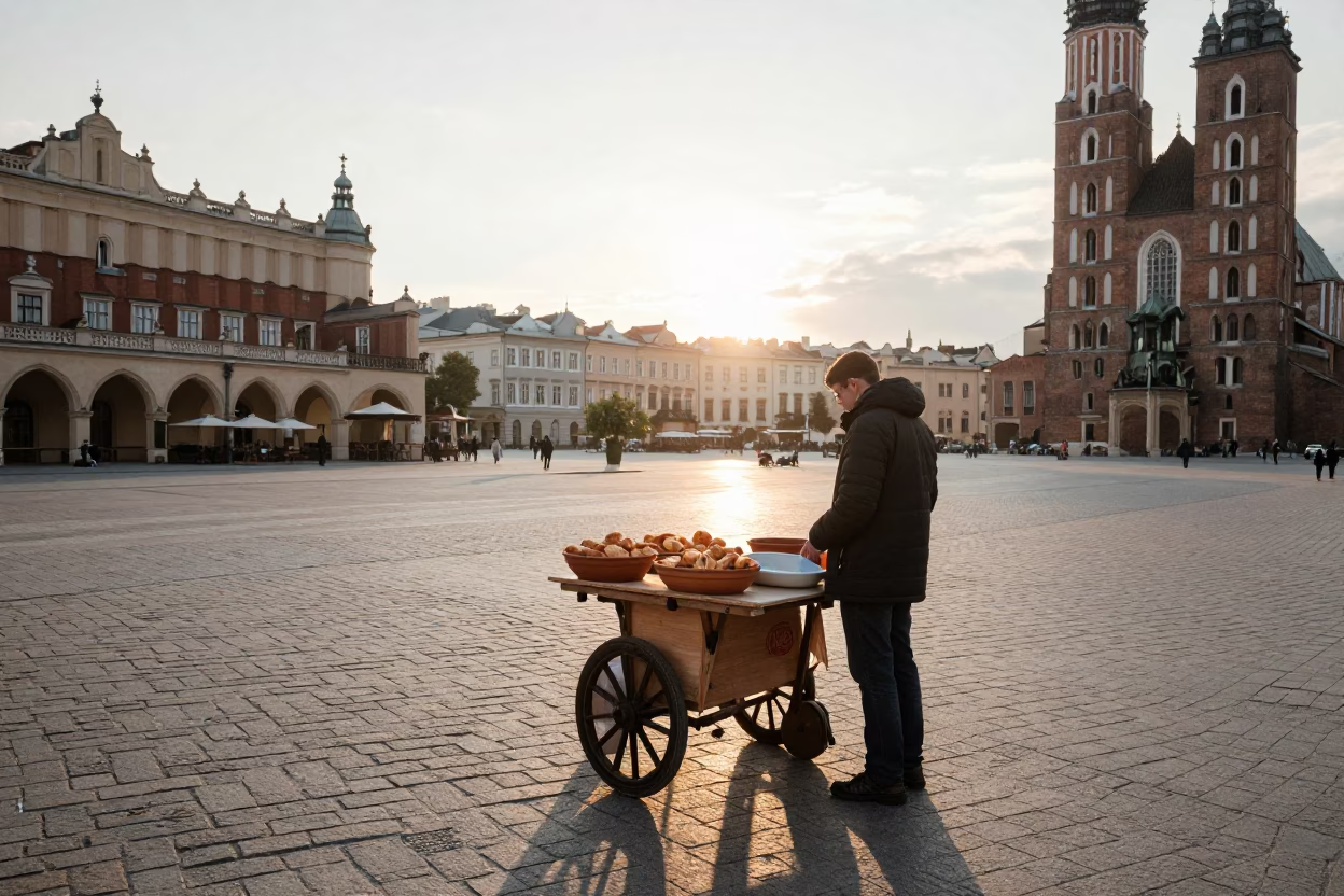First Light Morning Street Scene in Krakow Poland with Local Vendor and Traditional Tableware in in Krakow, Poland
