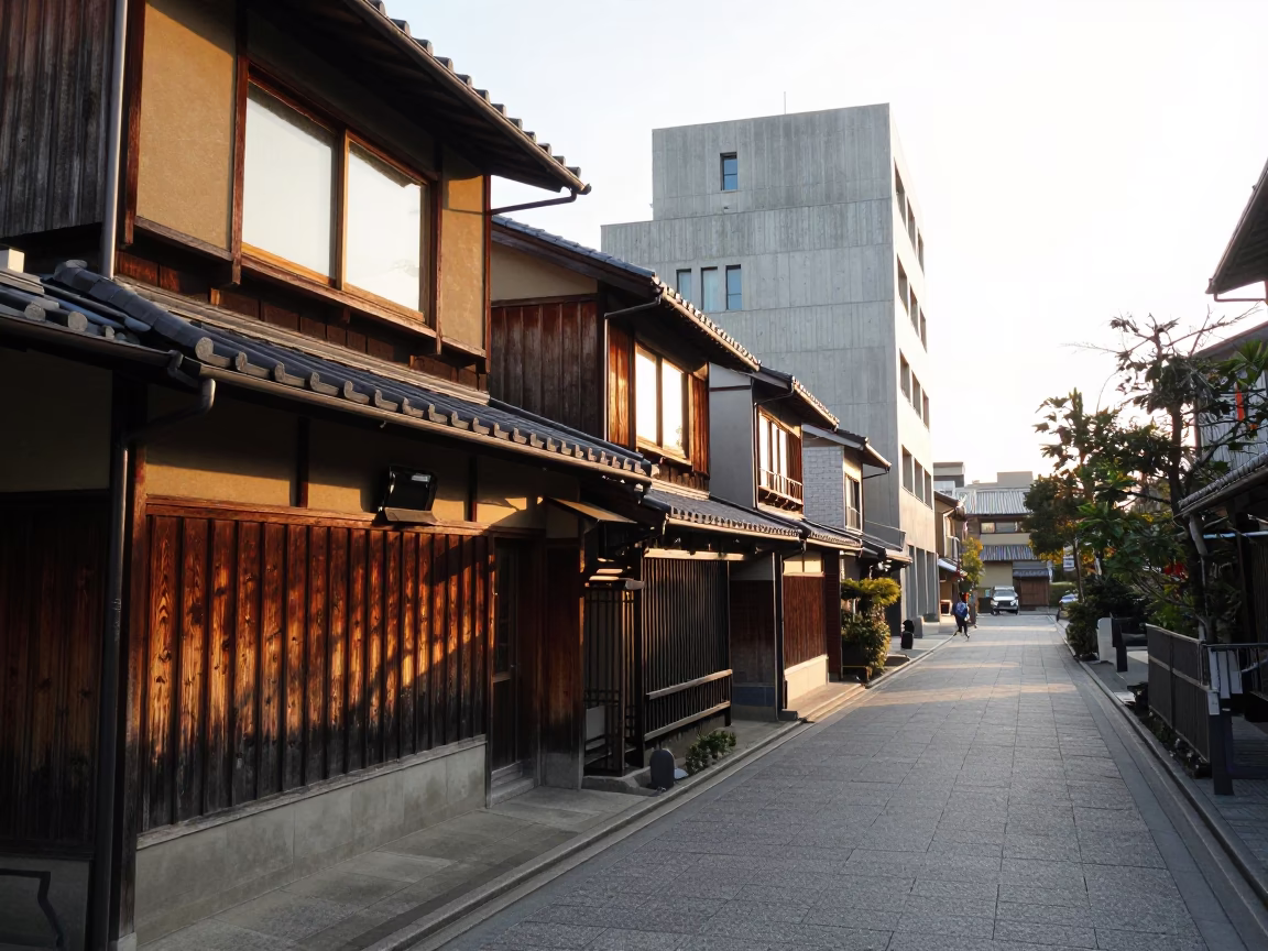 First Light Morning Street Scene in Kyoto Japan with Traditional Wooden Facades in in Kyoto, Japan
