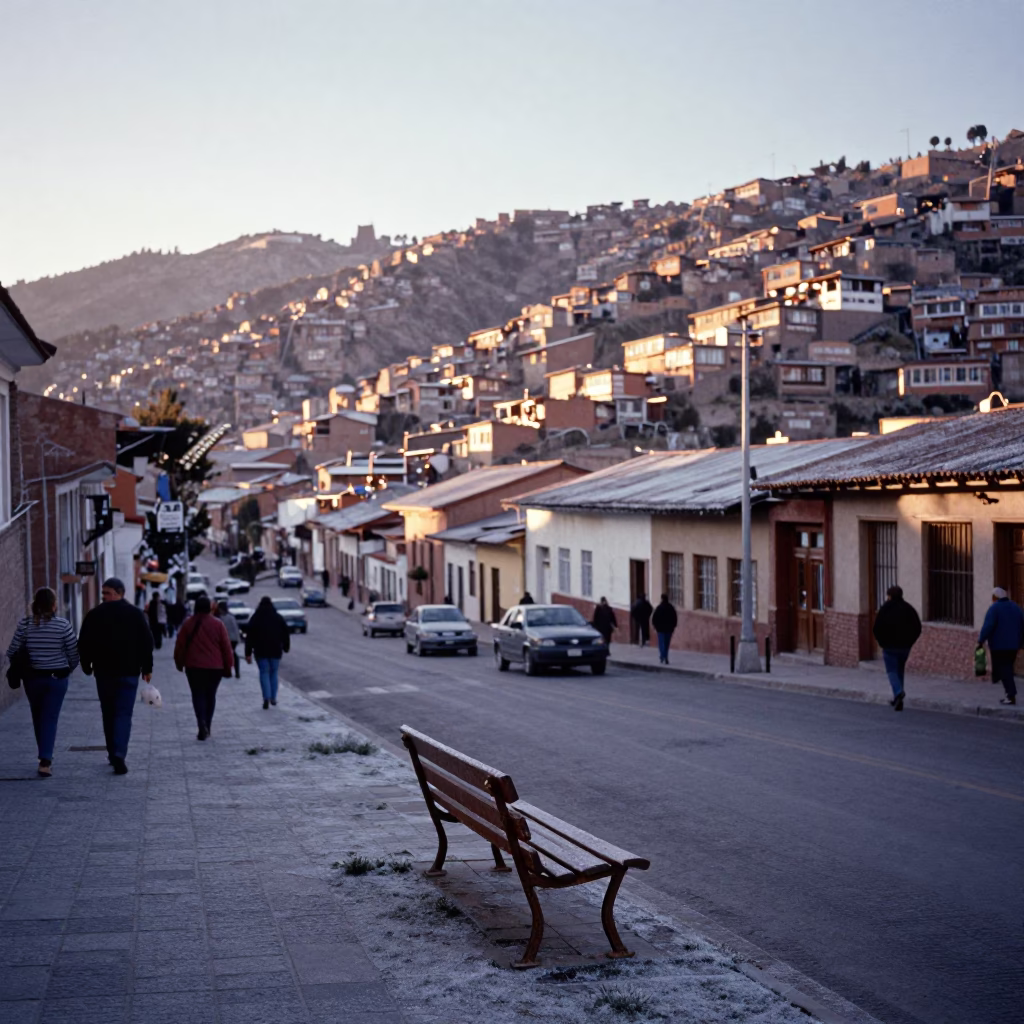First Light Morning Street Scene in La Paz Bolivia with Frost and Urban Details in in La Paz, Bolivia