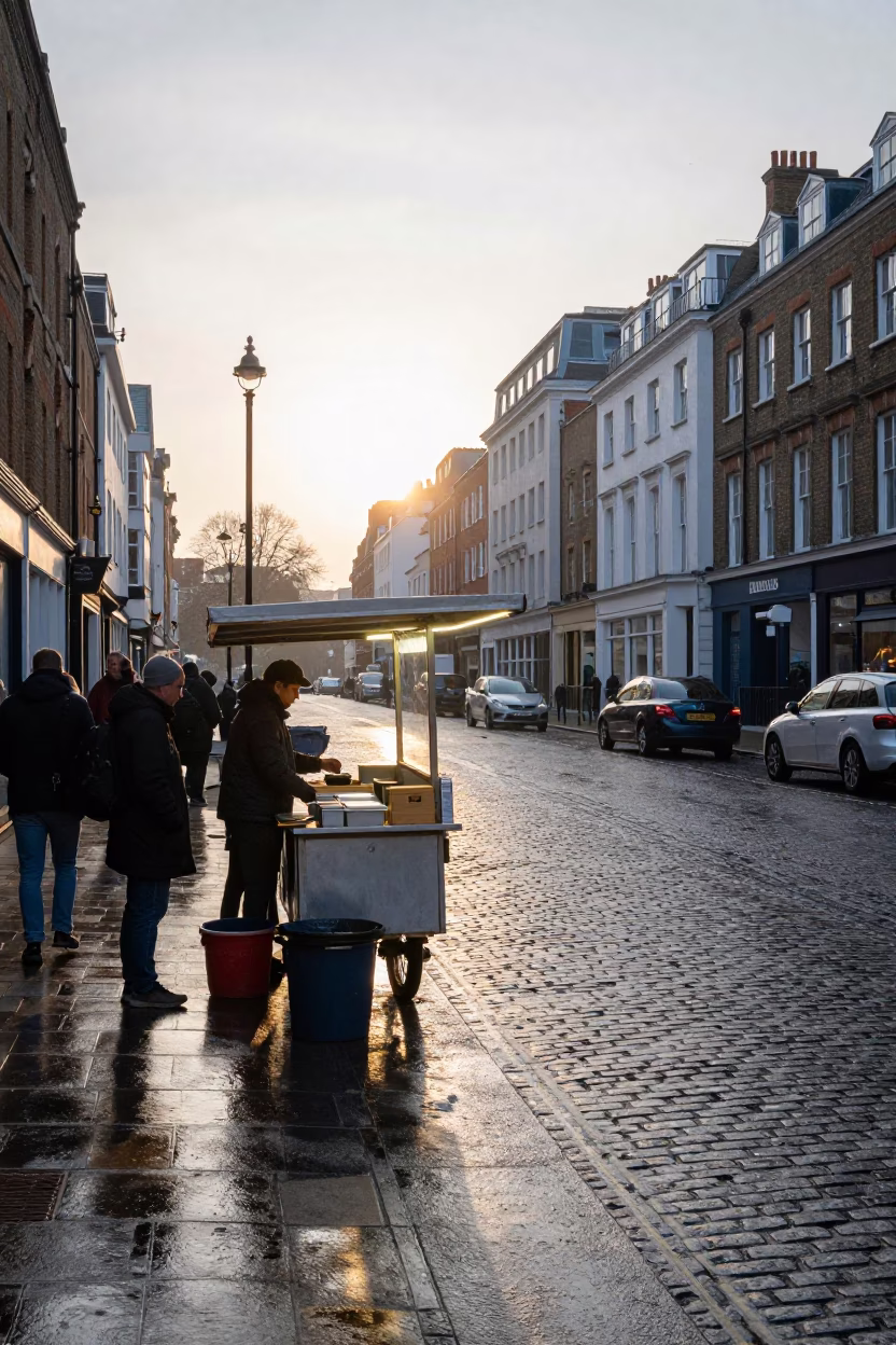 First Light Morning Street Scene in London United Kingdom with Food Vendor in in London, United Kingdom