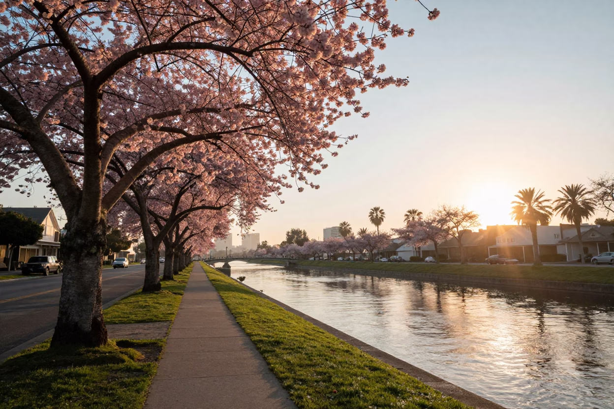 First Light Morning Street Scene in Los Angeles California with Cherry Trees and Canal in in Los Angeles, California, United States