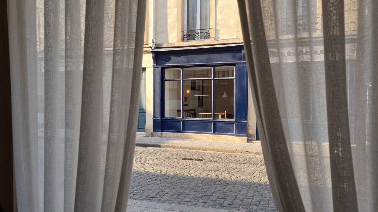 First Light Morning Street Scene in Lyon France with Linen Curtains and Sideboard in in Lyon, France