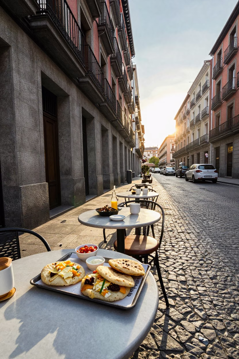 First Light Morning Street Scene in Madrid Spain with Local Breakfast Items in in Madrid, Spain
