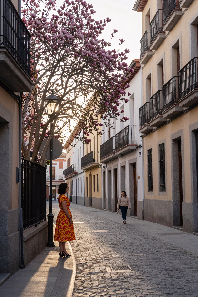 First Light Morning Street Scene in Madrid Spain with Magnolia Bloom in in Madrid, Spain