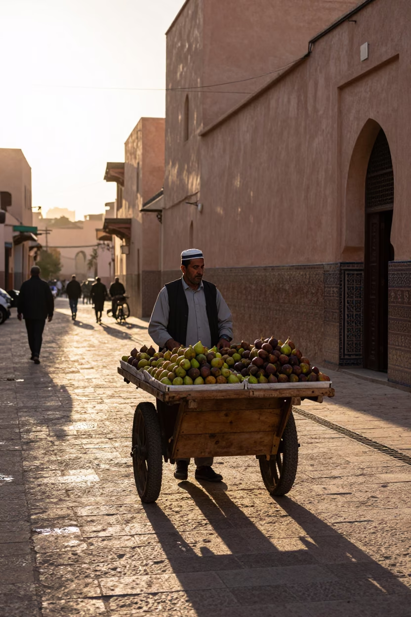 First Light Morning Street Scene in Marrakech Medina With Traditional Market Activity in in Marrakech, Morocco