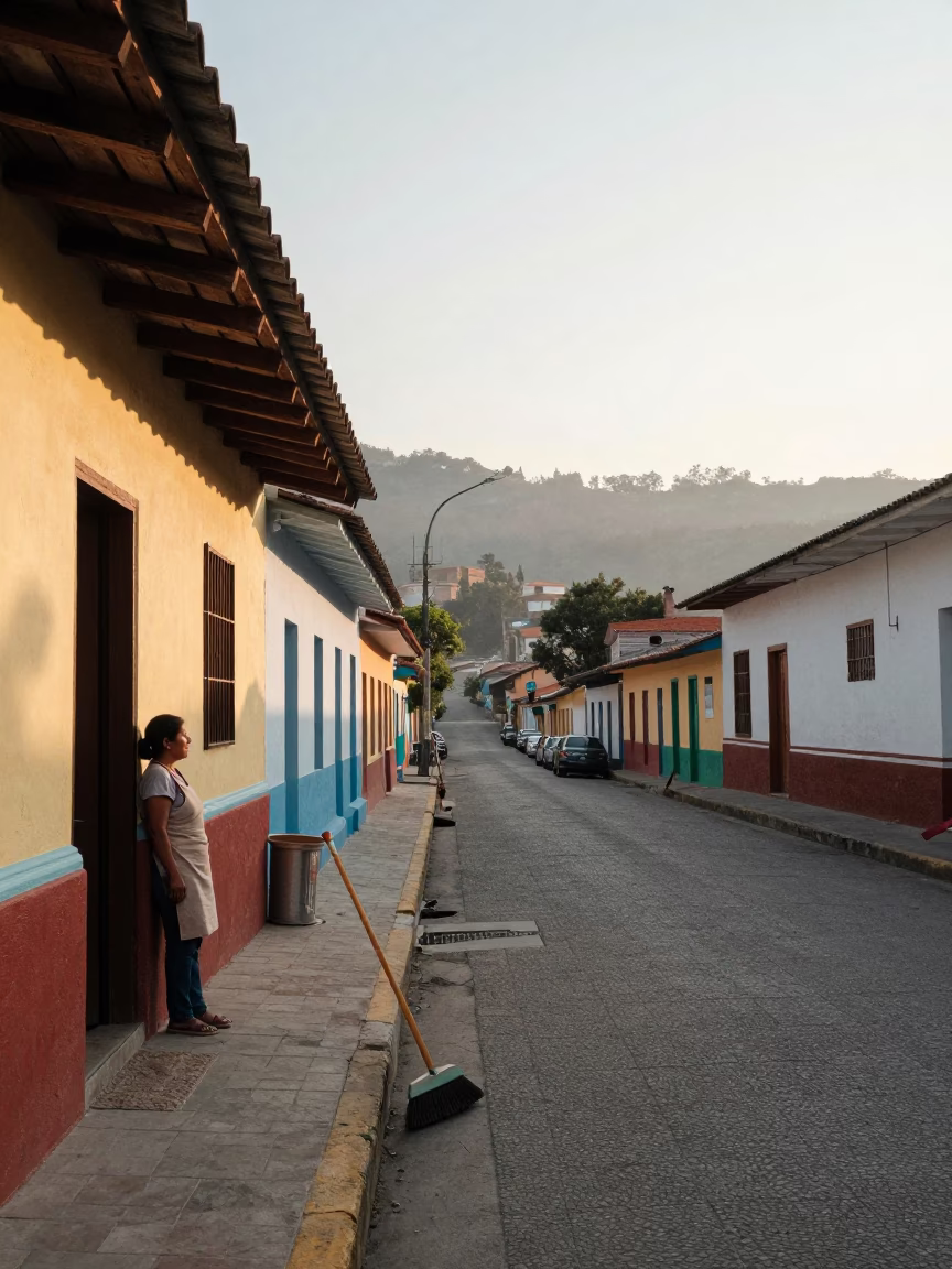 First Light Morning Street Scene in Medellin Colombia with Brooms and Local Life in in Medellin, Colombia