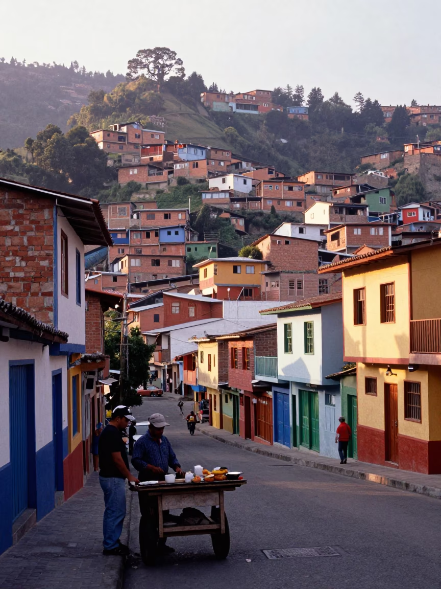First Light Morning Street Scene in Medellin Colombia with Vibrant Colors and Local Life in in Medellin, Colombia