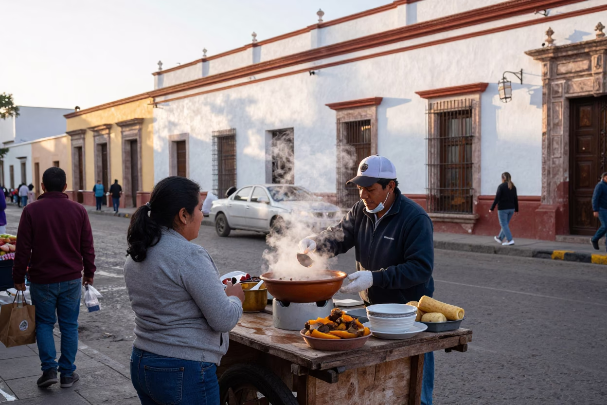 First Light Morning Street Scene in Merida Mexico with Local Market Activity in in Merida, Mexico