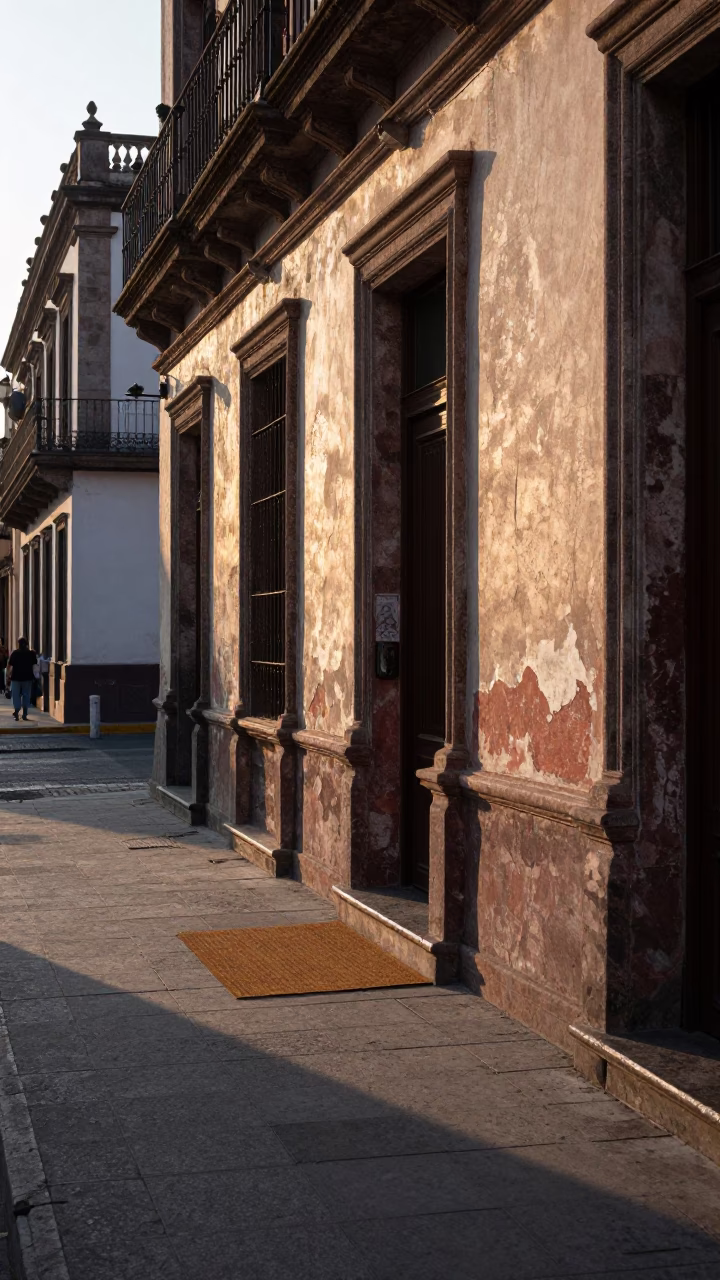First Light Morning Street Scene in Mexico City with Doormat and Urban Architecture in in Mexico City, Mexico