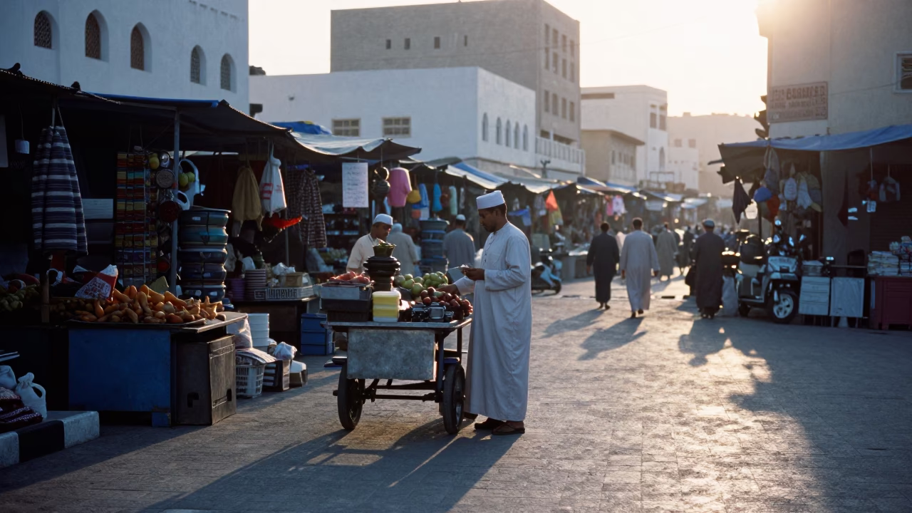 First Light Morning Street Scene in Muscat Oman with Local Market Activity in in Muscat, Oman