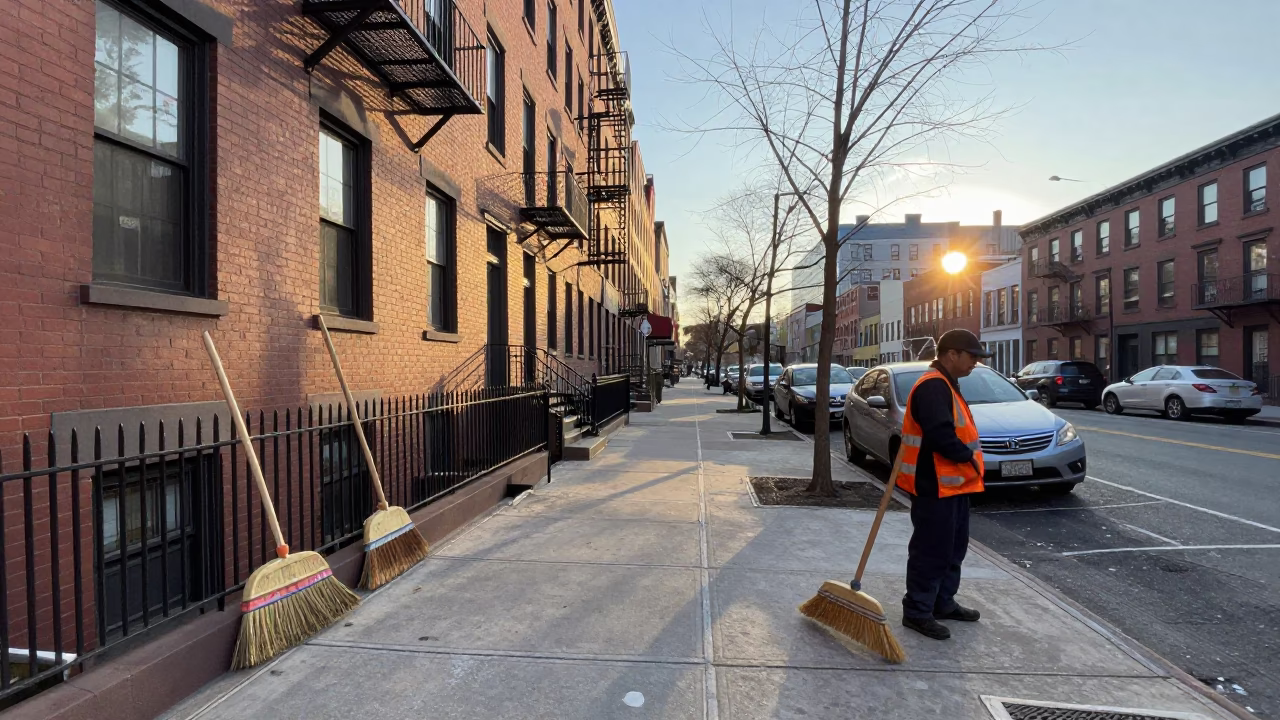 First Light Morning Street Scene in New York City with Brooms and Kitchen Stool in in New York, New York, United States