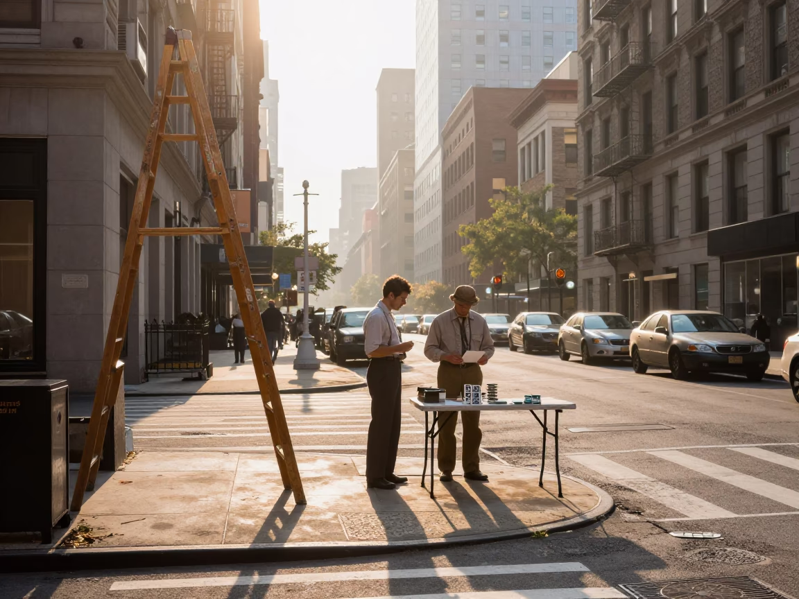 First Light Morning Street Scene in New York City with Dominoes and Wooden Ladder in in New York, New York, United States