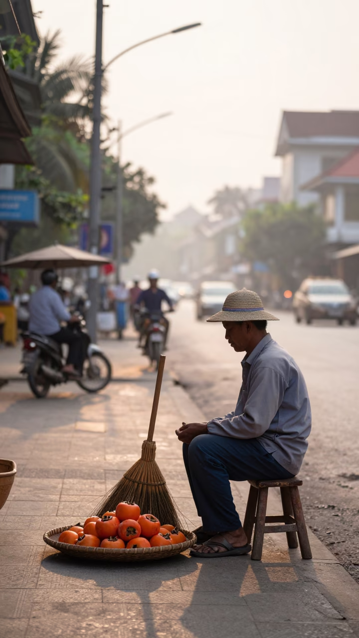 First Light Morning Street Scene in Phnom Penh Cambodia with Broom and Camp Stool in in Phnom Penh, Cambodia
