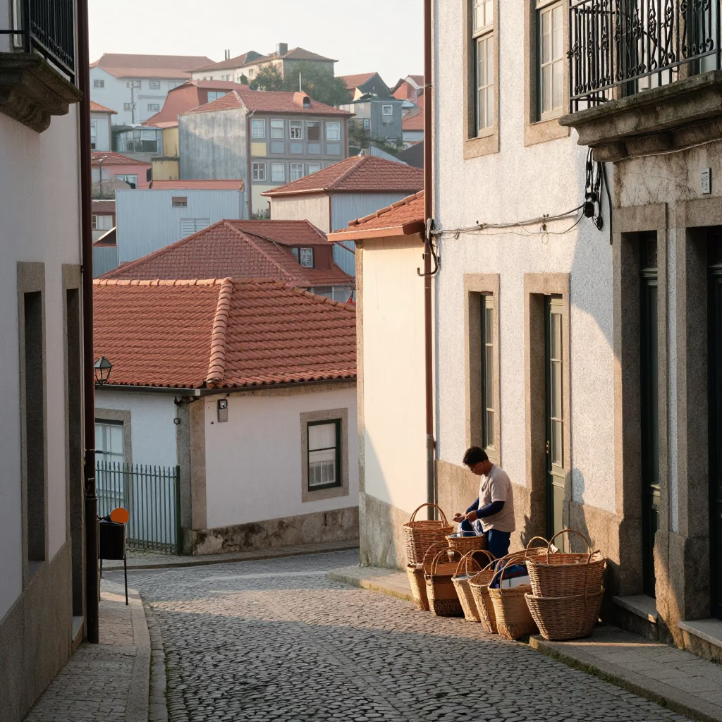 First Light Morning Street Scene in Porto Portugal with Woven Baskets in in Porto, Portugal