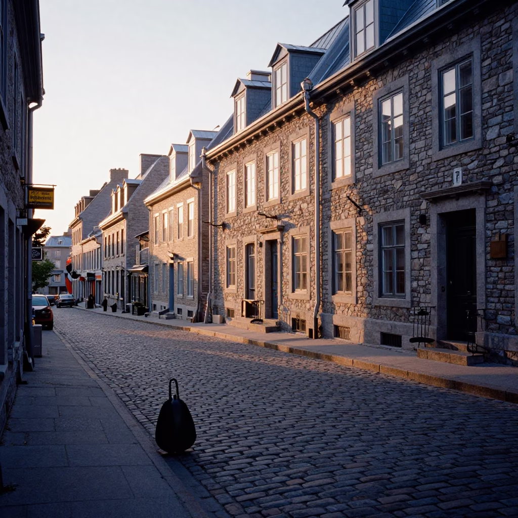 First Light Morning Street Scene in Quebec City with Coal Scuttle and Empty Chairs in in Quebec City, Quebec, Canada