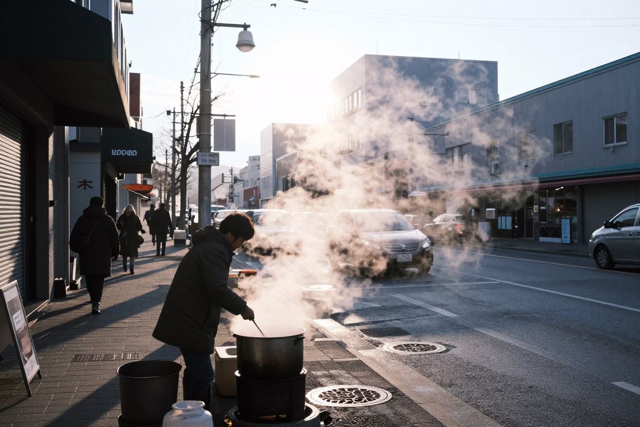 First Light Morning Street Scene in Sapporo Japan with Steam and Urban Details in in Sapporo, Japan
