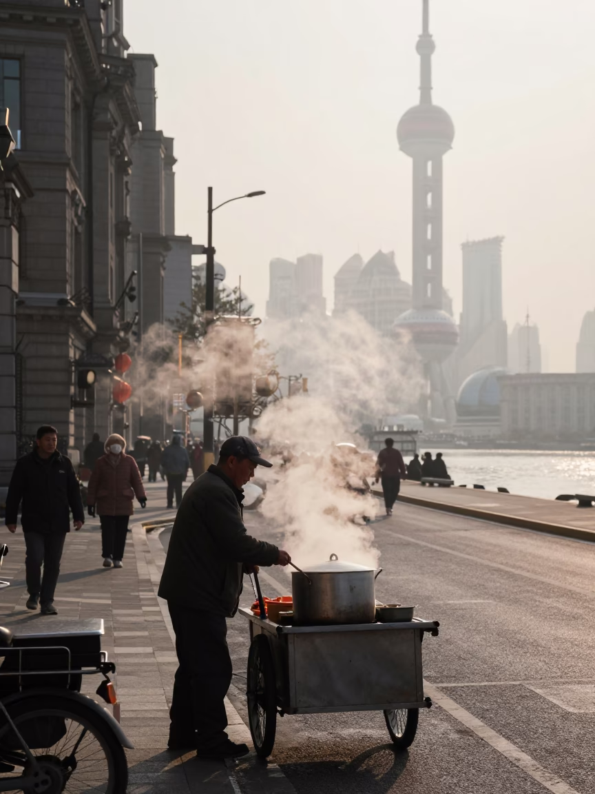 First Light Morning Street Scene in Shanghai China with Steam and Daily Life in in Shanghai, China