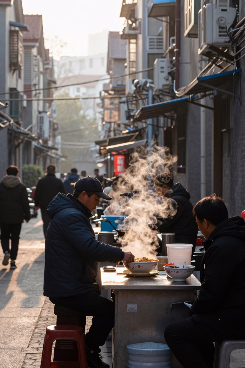 First Light Morning Street Scene in Shanghai China with Steaming Tantanmen Ramen Bowl in in Shanghai, China