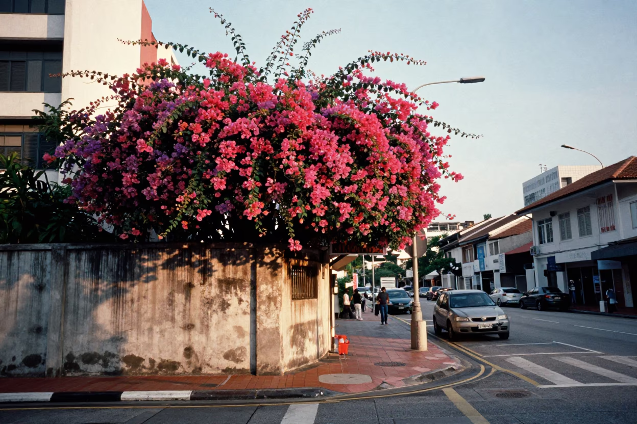 First Light Morning Street Scene in Singapore with Bougainvillea and Busy Local Life in in Singapore, Singapore