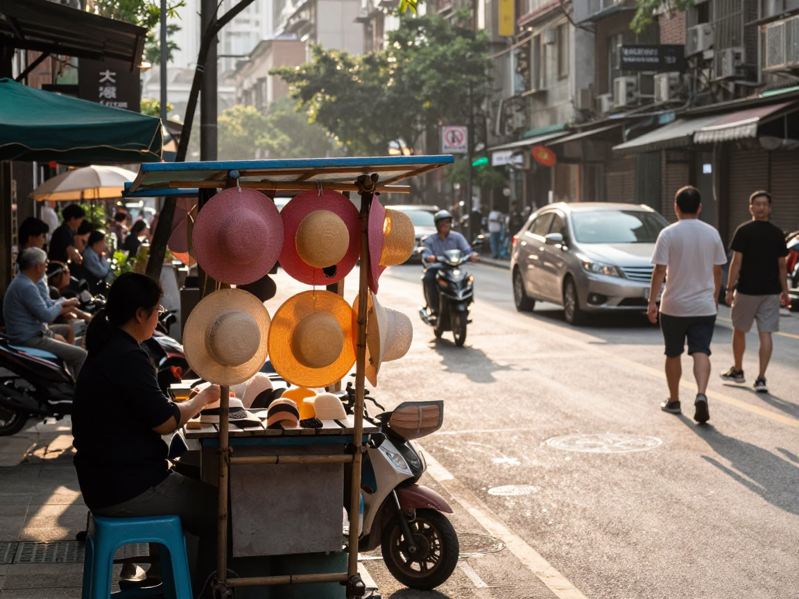 First Light Morning Street Scene in Taipei Taiwan with Sun Hats and Urban Details in in Taipei, Taiwan