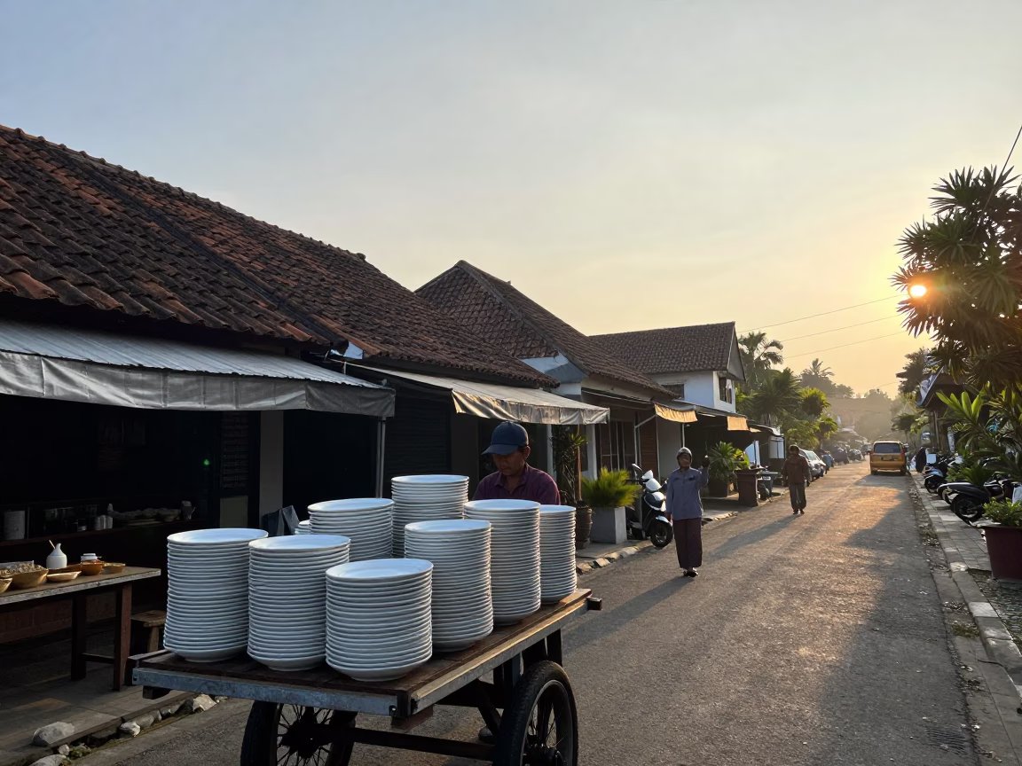 First Light Morning Street Scene in Yogyakarta Indonesia with Stacked Plates and Twine in in Yogyakarta, Indonesia