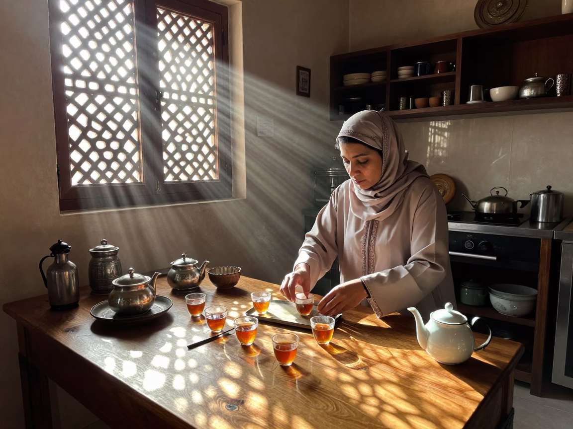 First Light Morning Tea Preparation in Traditional Muscat Home Kitchen in in Muscat, Oman