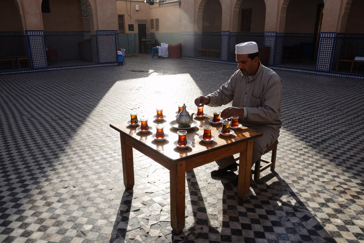 First light morning tea service in Fez Morocco courtyard with saucers and terracotta in in Fez, Morocco