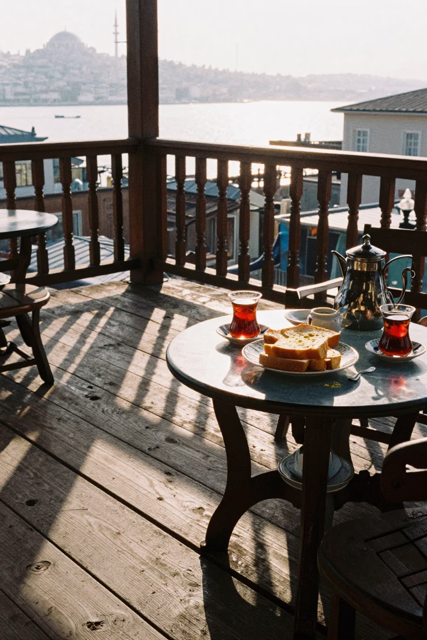 First Light Morning Tea Service on Traditional Wooden Terrace in Istanbul Turkey in in Istanbul, Turkey